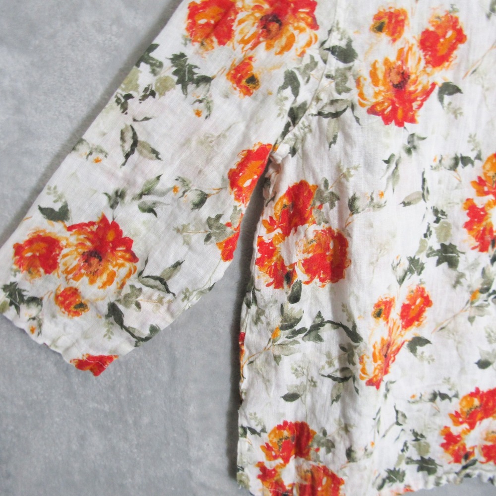 Inizio Womens Small Linen Floral Top 3/4 Sleeve Made in Italy White Orange Green - Picture 2 of 9